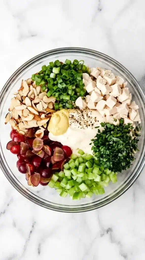 Ultimate Chicken Salad : Simple, Happy Lunch Recipe 8 Ultimate Chicken Salad ingredients with chicken, grapes, celery, almonds, herbs, and creamy dressing