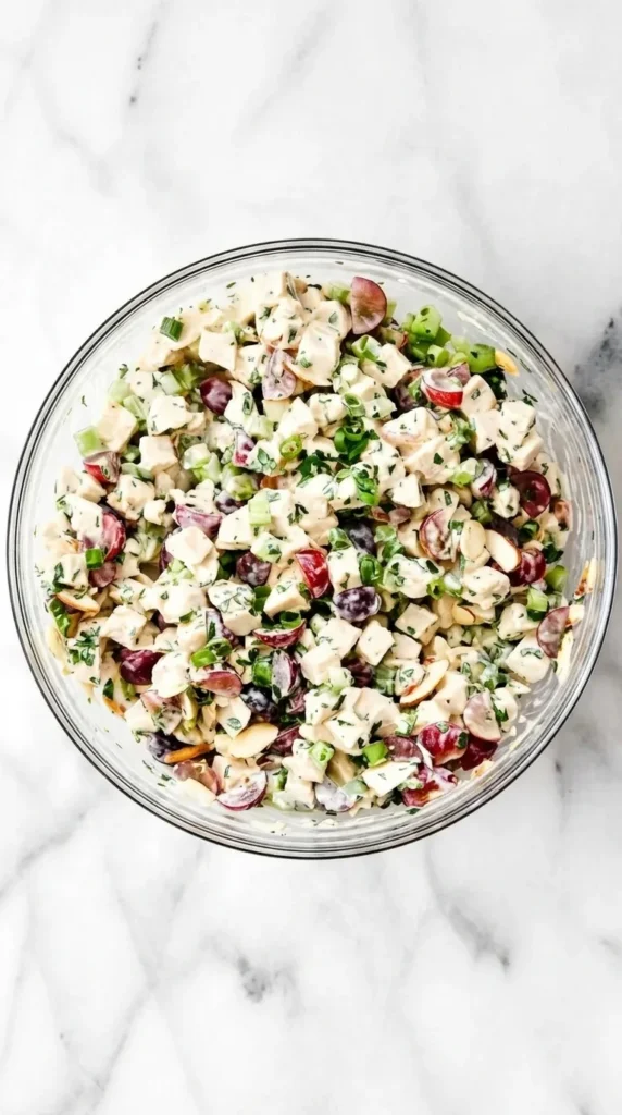 Ultimate Chicken Salad : Simple, Happy Lunch Recipe 9 Ultimate Chicken Salad mixed with grapes, celery, toasted almonds, herbs, and creamy dressing