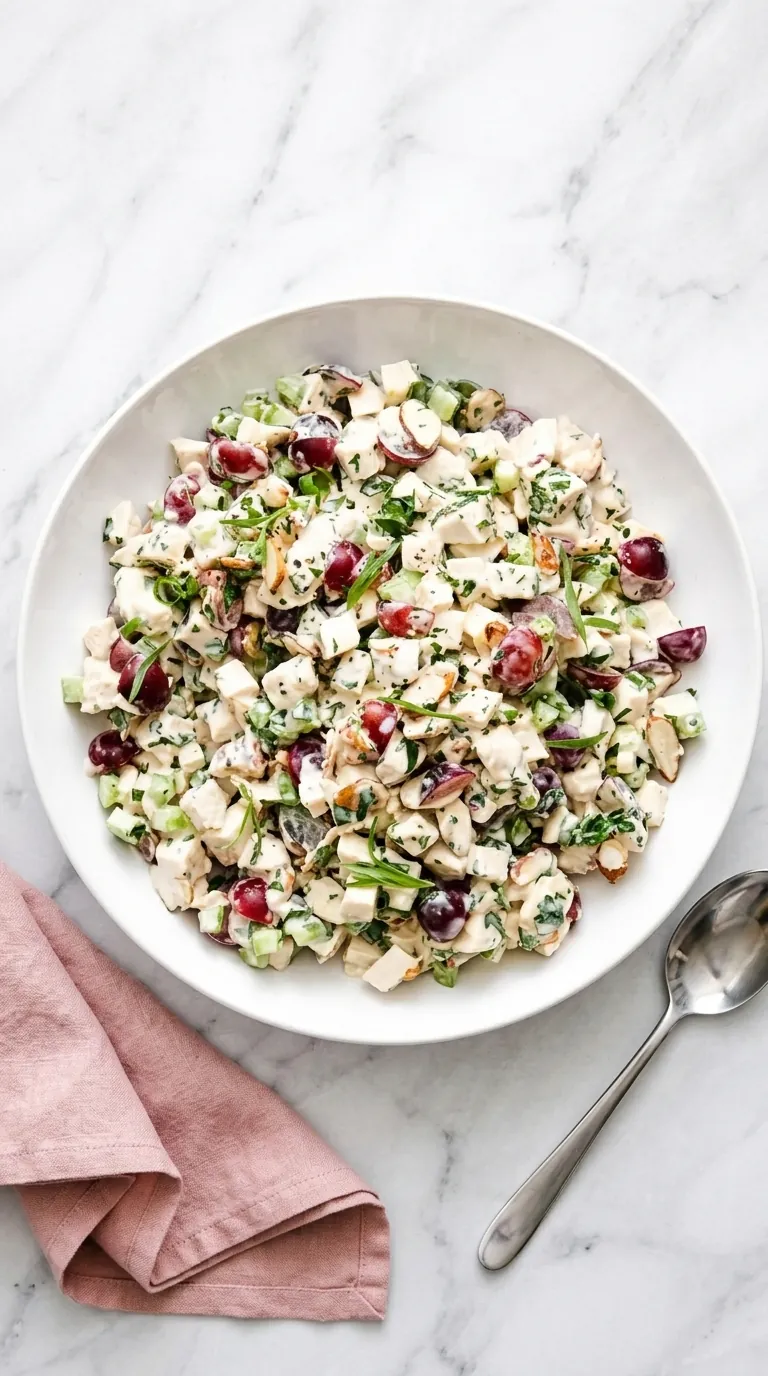 Ultimate Chicken Salad with grapes, celery, toasted almonds, fresh herbs, and creamy dressing