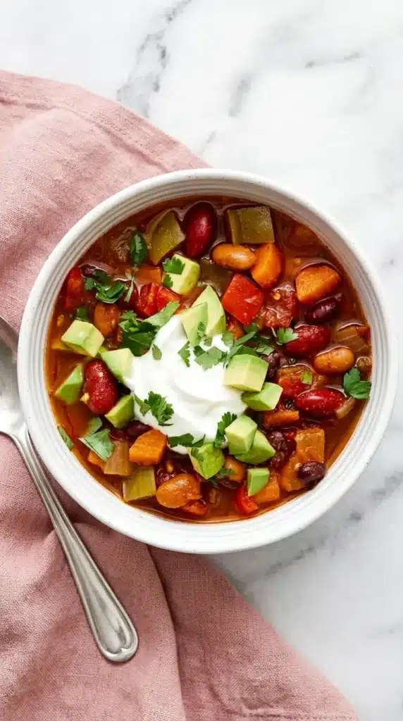 Ultimate Vegetarian Chili with three beans, avocado, sour cream, cilantro, and colorful vegetables