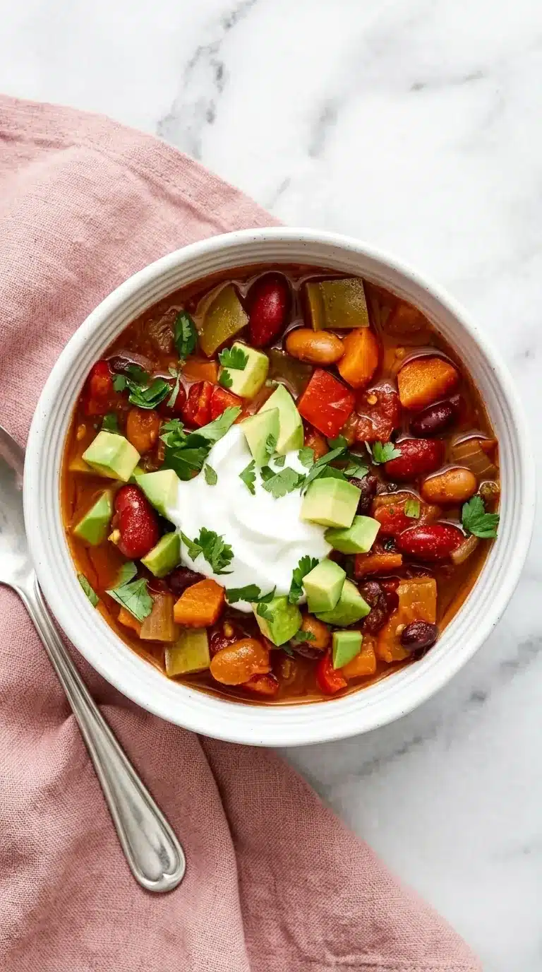 Ultimate Vegetarian Chili with three beans, avocado, sour cream, cilantro, and colorful vegetables
