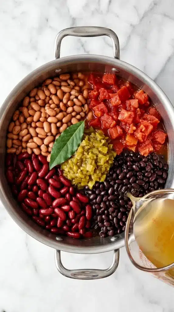 Ultimate Vegetarian Chili : Easy, Satisfying Recipe 7 Ultimate Vegetarian Chili with three beans, tomatoes, green chilies, bay leaf, and vegetable broth