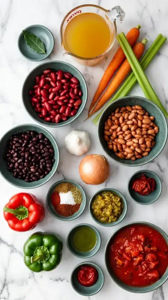 Ultimate Vegetarian Chili : Easy, Satisfying Recipe 6 Ultimate Vegetarian Chili ingredients with three beans, vegetables, tomatoes, broth, and spices