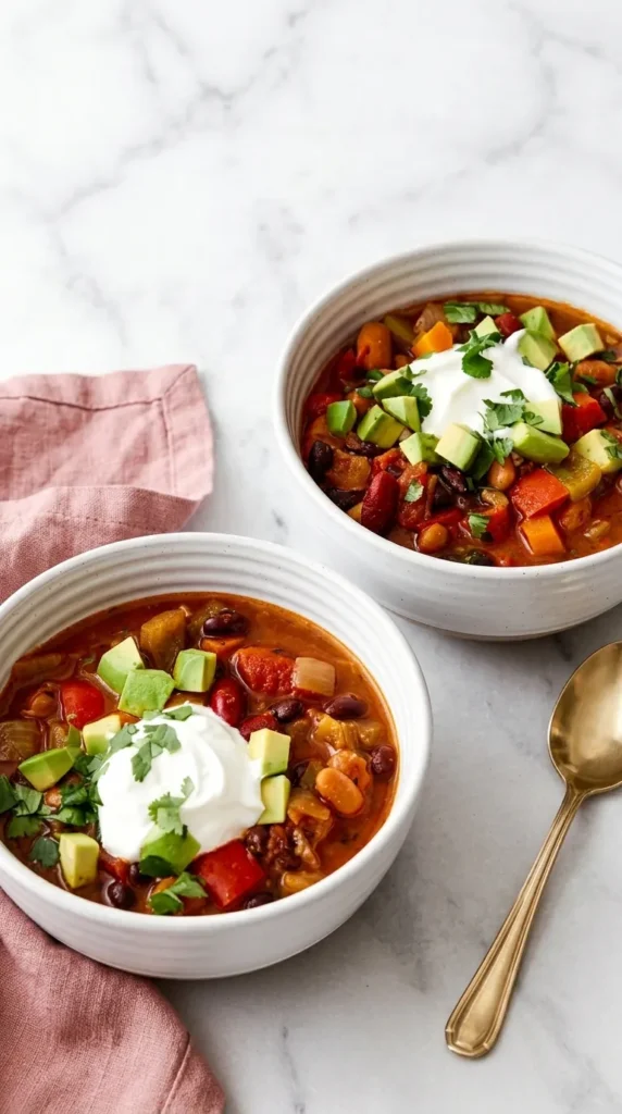 Ultimate Vegetarian Chili : Easy, Satisfying Recipe 8 Ultimate Vegetarian Chili bowls topped with avocado, sour cream, and fresh cilantro
