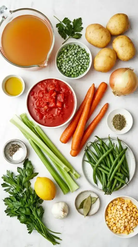Vegetable Soup ingredients with fresh vegetables, broth, tomatoes, herbs, peas, and corn