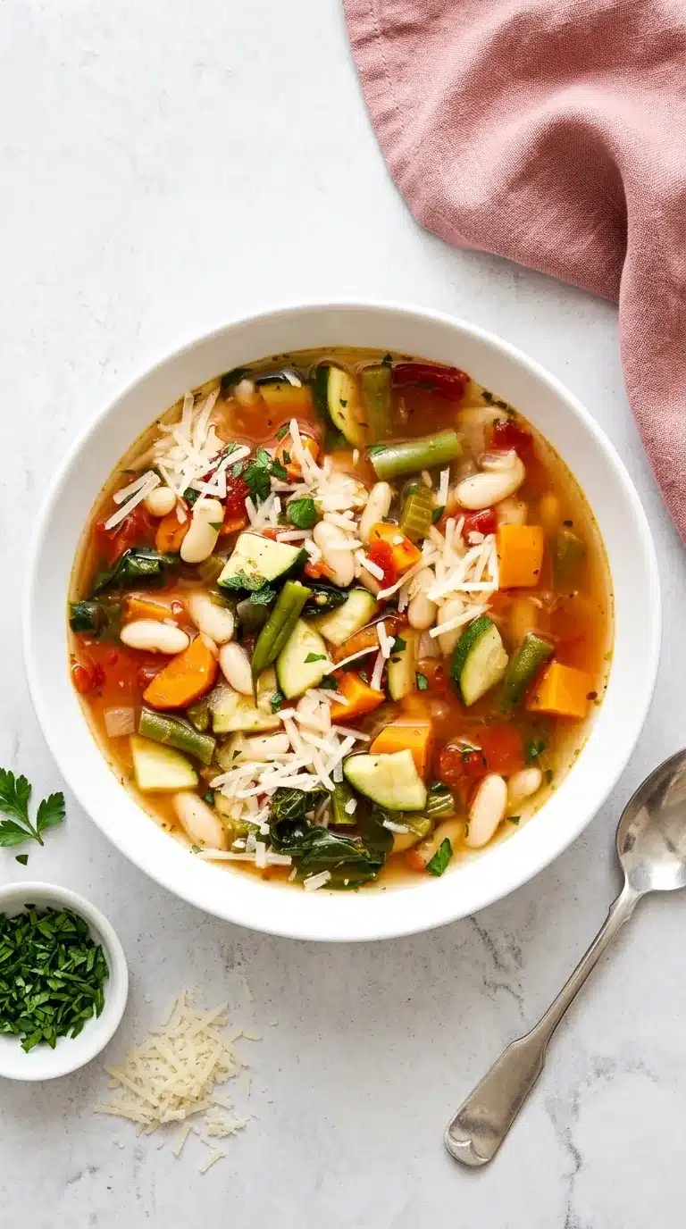 Vegetarian Minestrone Soup with cannellini beans, vegetables, spinach, and Parmesan