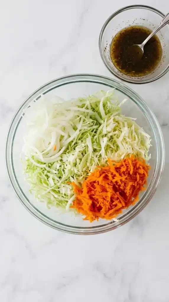 Vinegar Coleslaw (No Mayo) Recipe : Terrific Fresh Crunch 5 Vinegar Coleslaw (No Mayo) ingredients with cabbage, carrot, onion, and vinegar dressing