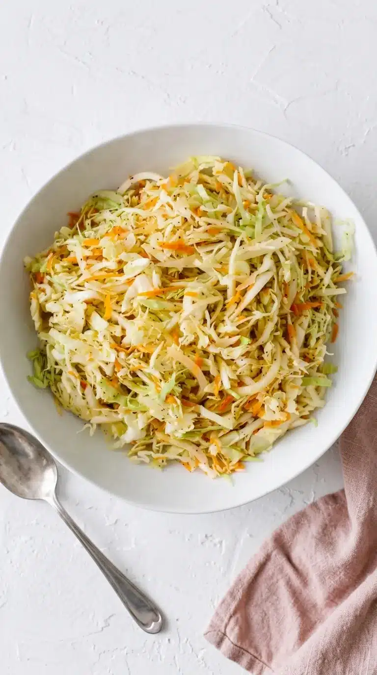 Vinegar Coleslaw (No Mayo) with crisp cabbage, carrots, onion, and tangy dressing