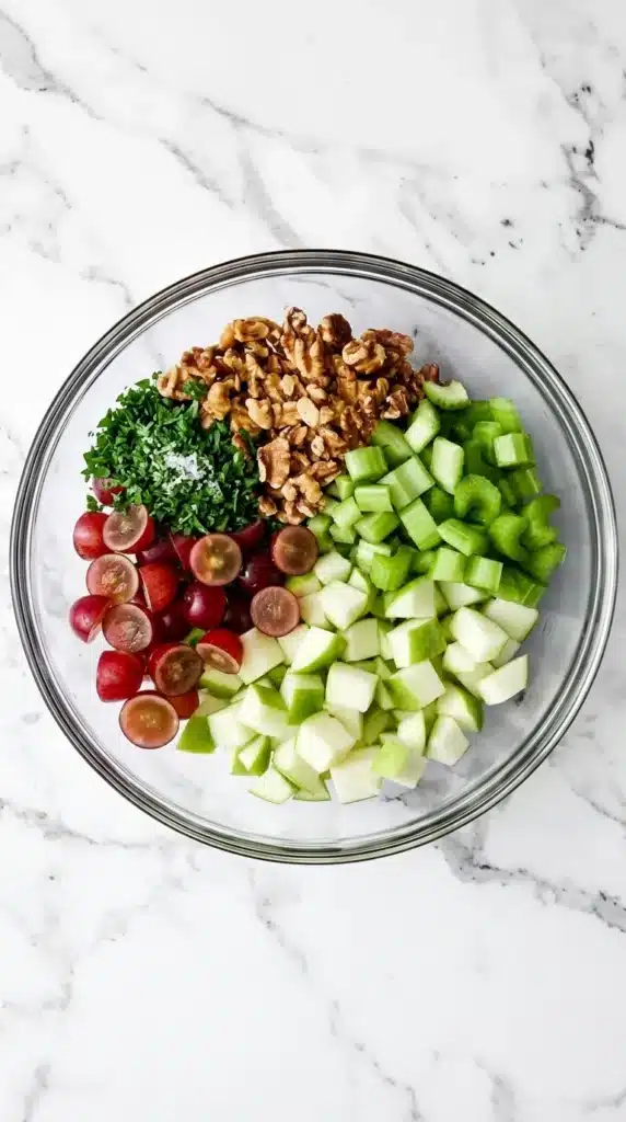 Waldorf Salad : Easy, Fresh and Satisfying Recipe 10 Waldorf Salad with apples, grapes, celery, walnuts, parsley, and salt ready to mix