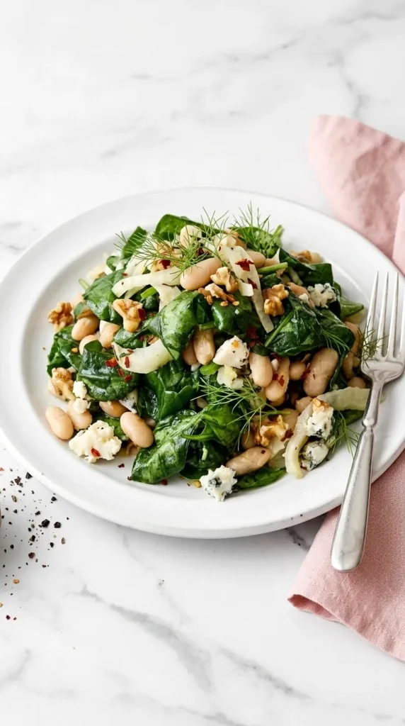 Warm Spinach and White Bean Salad Recipe : Easy & Vibrant 8 Warm Spinach and White Bean Salad served with Gorgonzola, walnuts, fennel, and creamy white beans
