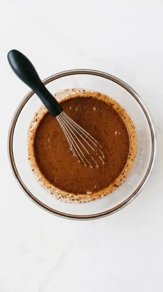 Smooth Chocolate Chia Pudding mixture being whisked in a glass bowl