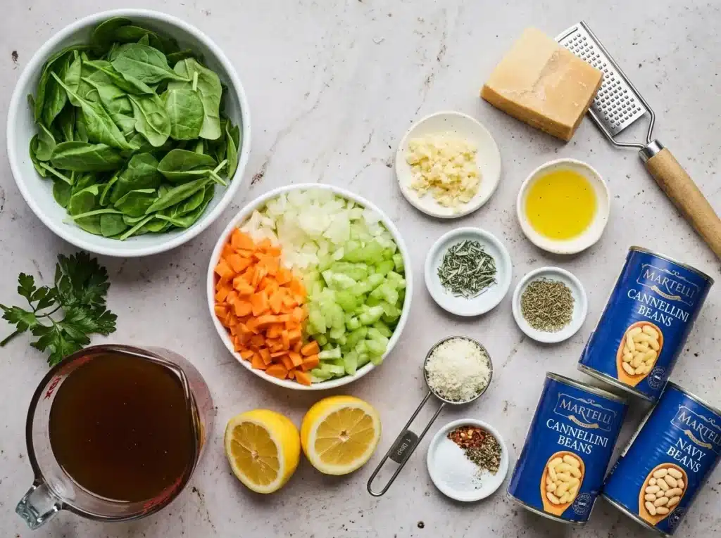 White Bean Soup Recipe : Easy, Terrific Comfort Food 6 White Bean Soup ingredients with cannellini beans, vegetables, spinach, lemon, herbs, and Parmesan