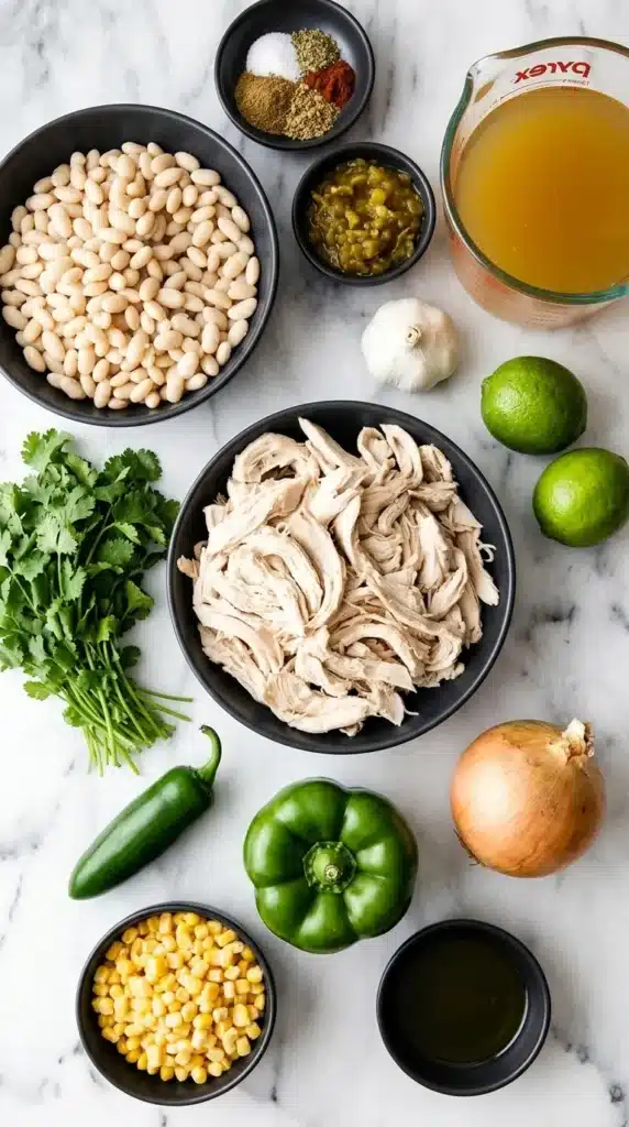 White Chicken Chili Recipe : Easy, Powerful Comfort Food 6 White Chicken Chili ingredients with chicken, white beans, corn, green chiles, broth, and vegetables
