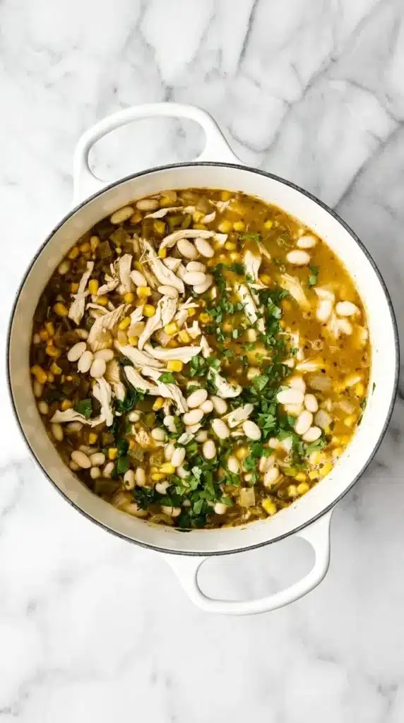 White Chicken Chili Recipe : Easy, Powerful Comfort Food 7 White Chicken Chili simmering with shredded chicken, white beans, corn, green chiles, and cilantro