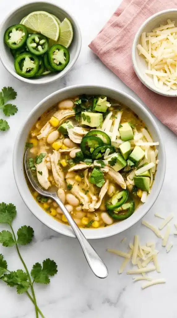White Chicken Chili with chicken, white beans, corn, avocado, jalapeno, and cilantro