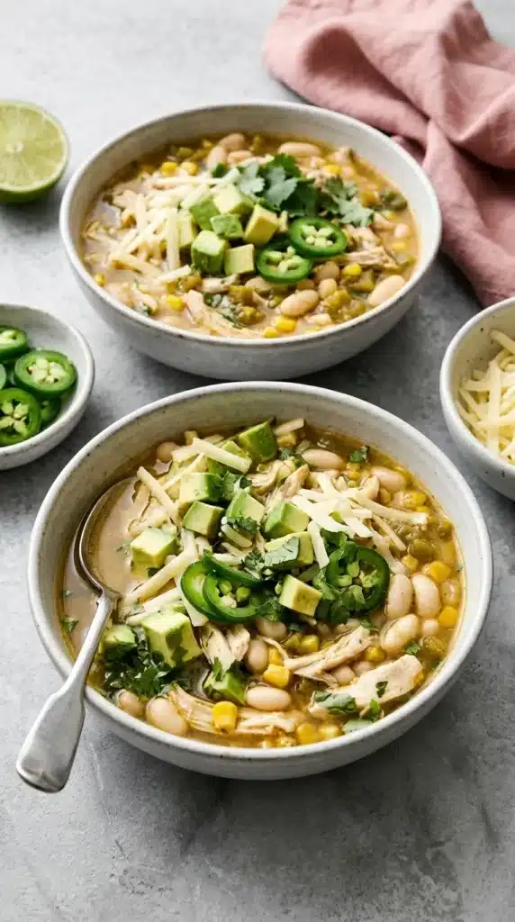 White Chicken Chili Recipe : Easy, Powerful Comfort Food 8 White Chicken Chili topped with avocado, jalapeno, cilantro, cheese, chicken, white beans, and corn