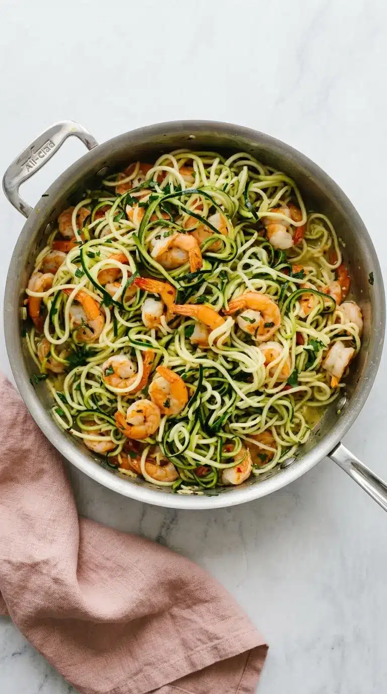 Zucchini Pasta with Lemon Garlic Shrimp with fresh zucchini noodles, herbs, and juicy shrimp