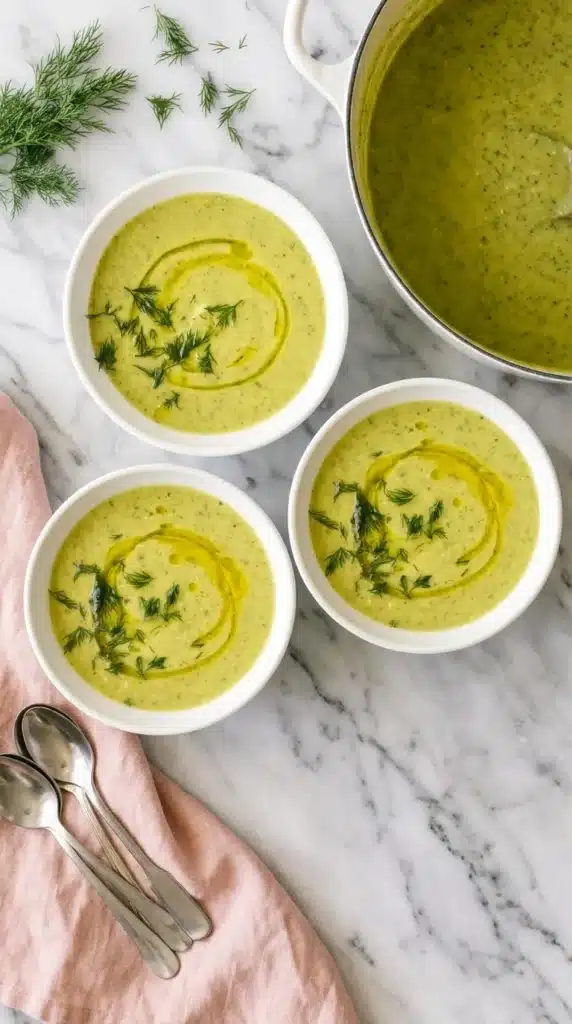 Zucchini Soup Recipe | Amazing Creamy Dinner You'll Love 8 Creamy Zucchini Soup served with olive oil and fresh dill in three bowls.