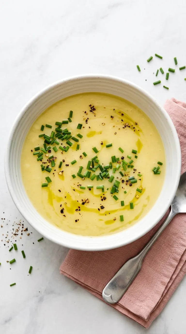 Creamy Potato Leek Soup topped with fresh chives, black pepper, and olive oil