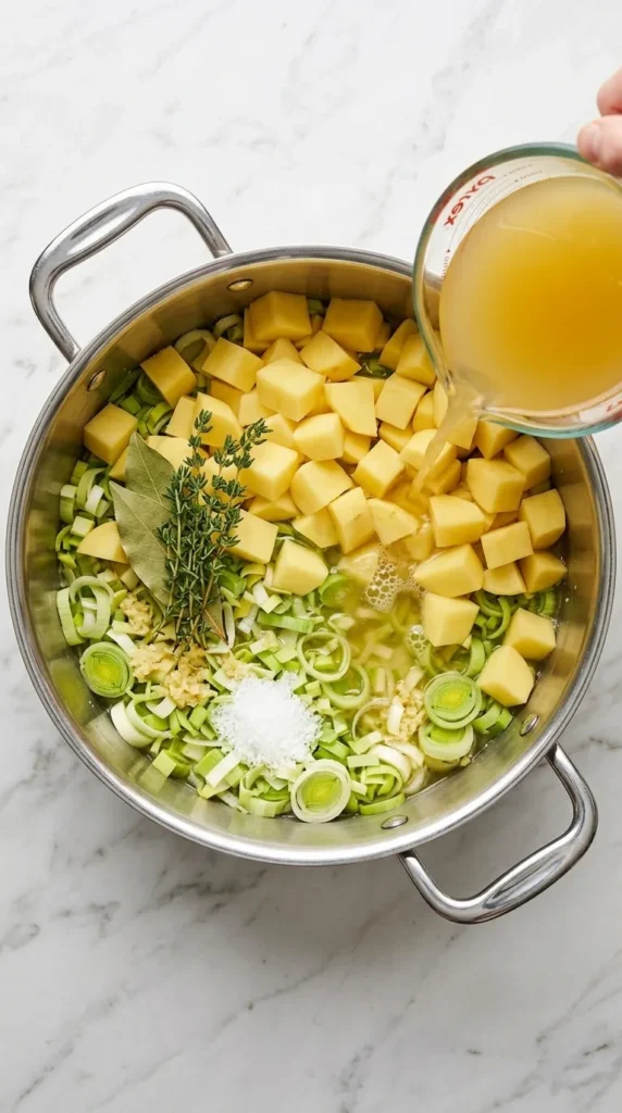 Potato Leek Soup : Amazing Cozy Recipe 7 Potato Leek Soup with Yukon Gold potatoes, leeks, herbs, and vegetable broth in a Dutch oven