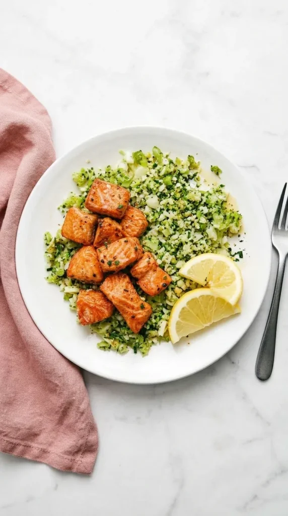 Air Fryer Salmon Bites Recipe : Amazing Quick Weeknight Feast 10 Air Fryer Salmon Bites served with broccoli cauliflower rice and fresh lemon