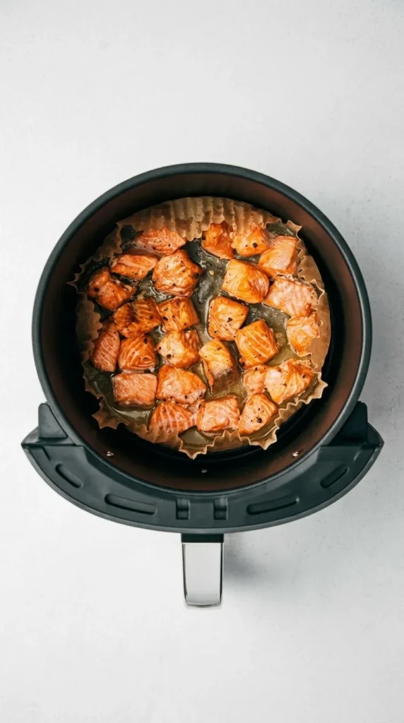Air Fryer Salmon Bites Recipe : Amazing Quick Weeknight Feast 9 Air Fryer Salmon Bites cooked at 400°F with golden edges and lemon garlic butter