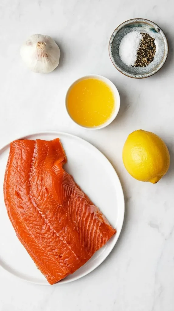 Air Fryer Salmon Bites Recipe : Amazing Quick Weeknight Feast 7 Air Fryer Salmon Bites ingredients with salmon, lemon, garlic, butter, salt and black pepper