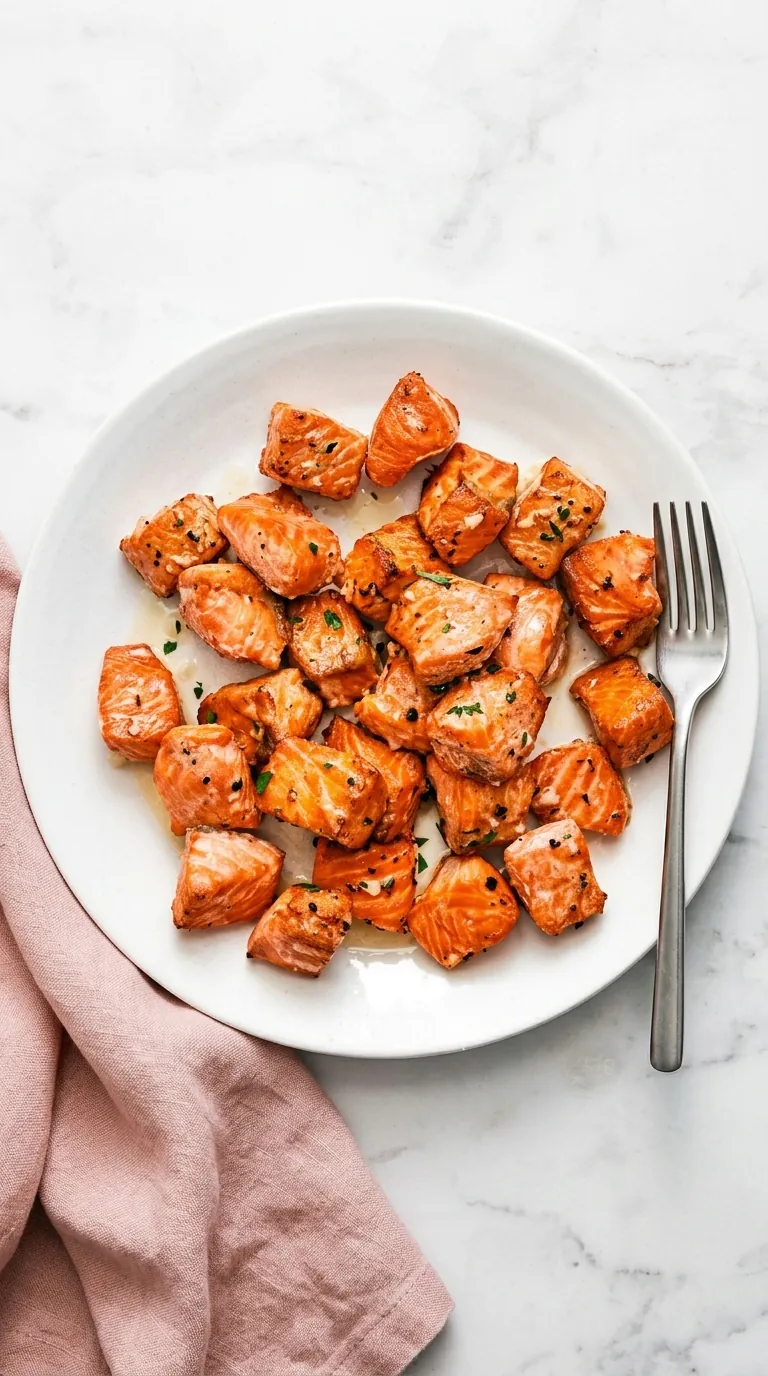 Air Fryer Salmon Bites with juicy centers, golden edges, lemon garlic butter, and fresh herbs