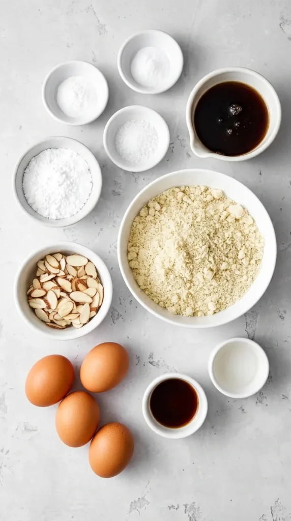 Almond Cake ingredients with almond flour, eggs, maple syrup, sliced almonds, and extracts