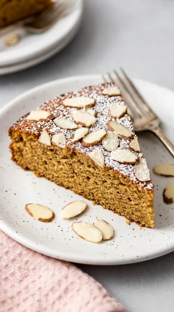 Slice of Almond Cake topped with sliced almonds and powdered sugar