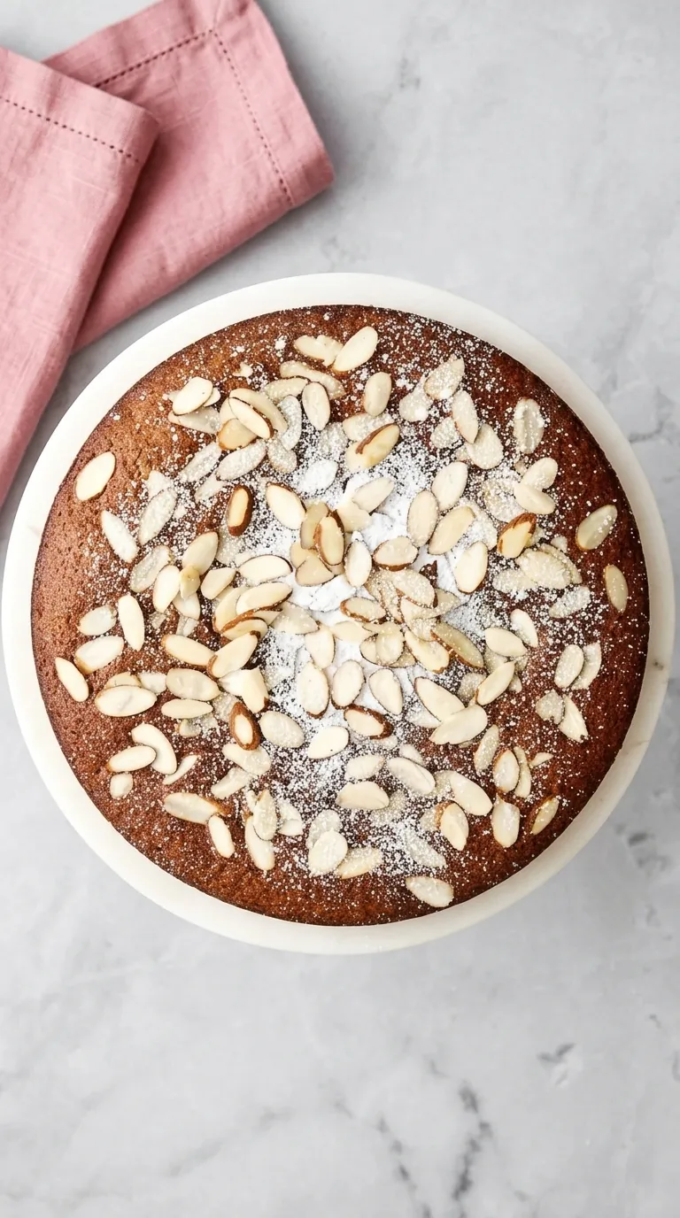 Almond Cake topped with sliced almonds and powdered sugar on a serving plate