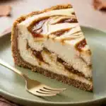 Apple Butter Cheesecake slice with creamy filling, cinnamon graham crust, and rich apple butter swirls