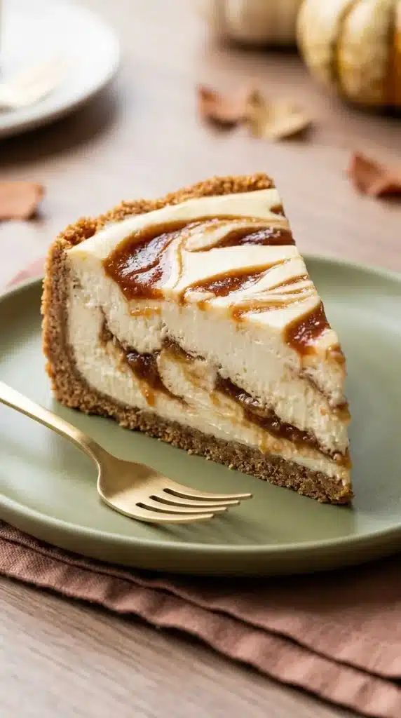 Apple Butter Cheesecake slice with creamy filling, cinnamon graham crust, and rich apple butter swirls