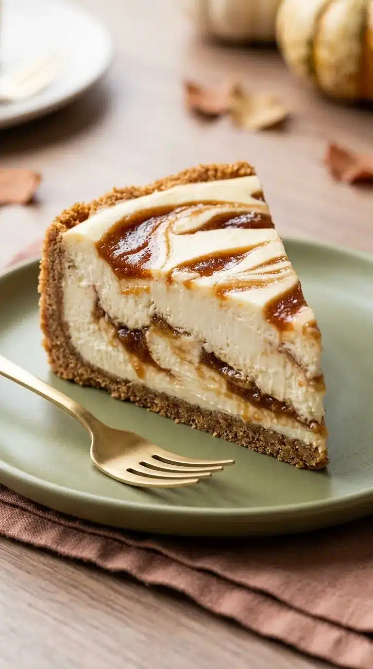 Apple Butter Cheesecake slice with creamy filling, cinnamon graham crust, and rich apple butter swirls