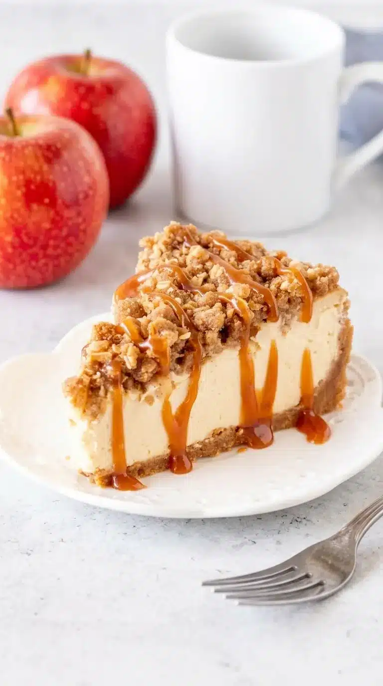 Apple Crisp Cheesecake with cinnamon apples, oat crumble, graham crust, and salted caramel