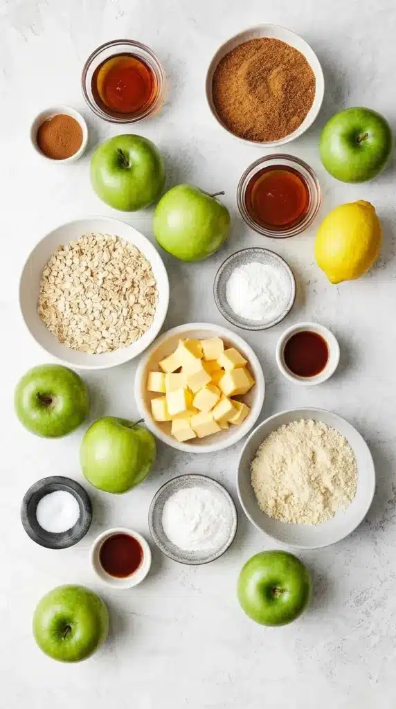 Apple Crisp Recipe : Easy Thanksgiving Dessert With Oat Topping 7 Apple Crisp ingredients with Granny Smith apples, oats, butter, maple syrup, cinnamon, and almond flour
