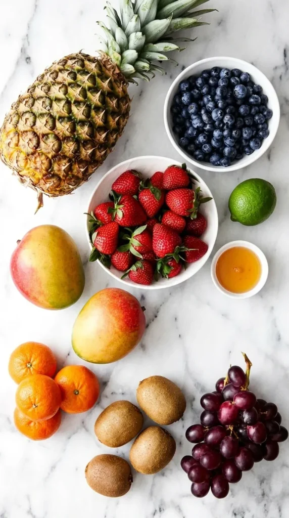 Best Fruit Salad Recipe : Colorful Easy Summer Feast 6 Best Fruit Salad ingredients with strawberries, pineapple, mango, kiwi, grapes and blueberries
