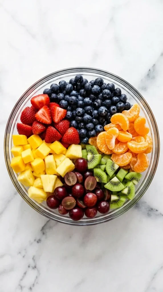 Best Fruit Salad Recipe : Colorful Easy Summer Feast 7 Best Fruit Salad with prepared strawberries, mango, kiwi, grapes, pineapple and blueberries