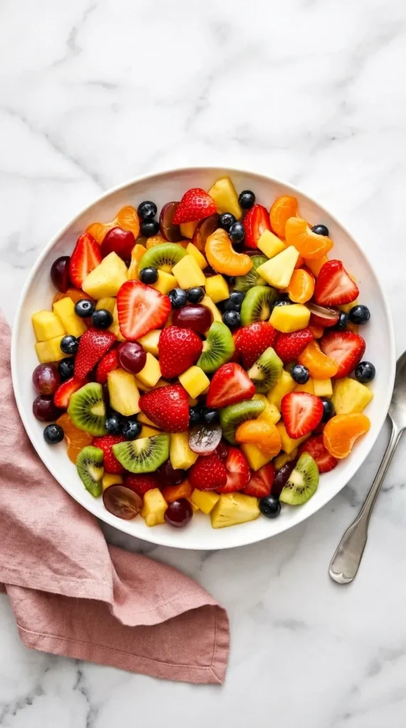 Best Fruit Salad with strawberries, mango, pineapple, kiwi, grapes, blueberries and mandarins