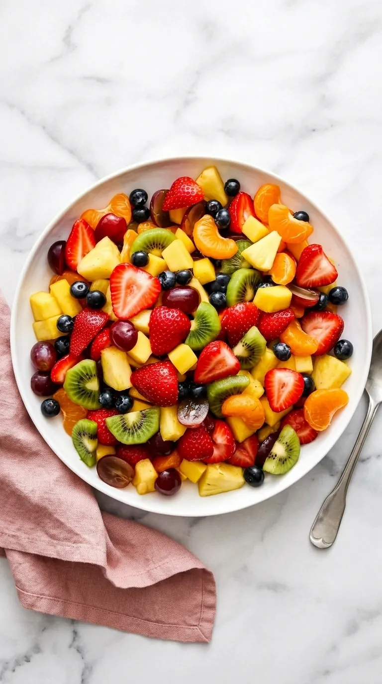 Best Fruit Salad with strawberries, mango, pineapple, kiwi, grapes, blueberries and mandarins
