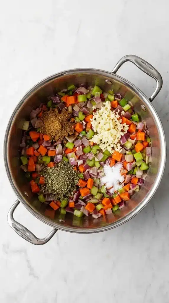 Black Bean Soup simmering with black beans, carrots, celery, onion, garlic, and spices