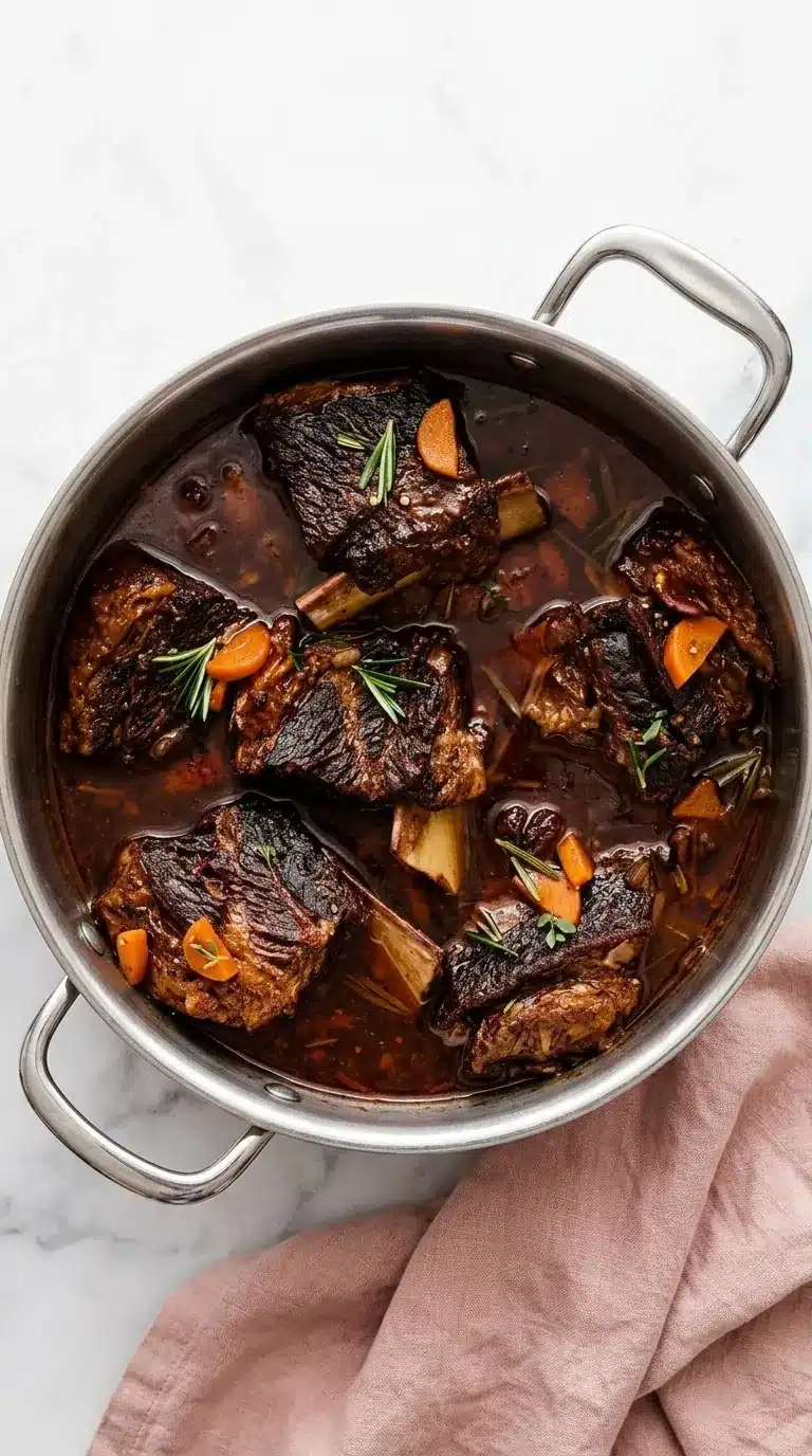 Braised short ribs with carrots and herbs in a rich beef broth sauce