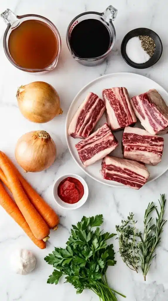 Easy Braised Short Ribs Recipe : Ultimate Comfort Feast 6 Braised Short Ribs ingredients with beef broth, carrots, onions, garlic and fresh herbs