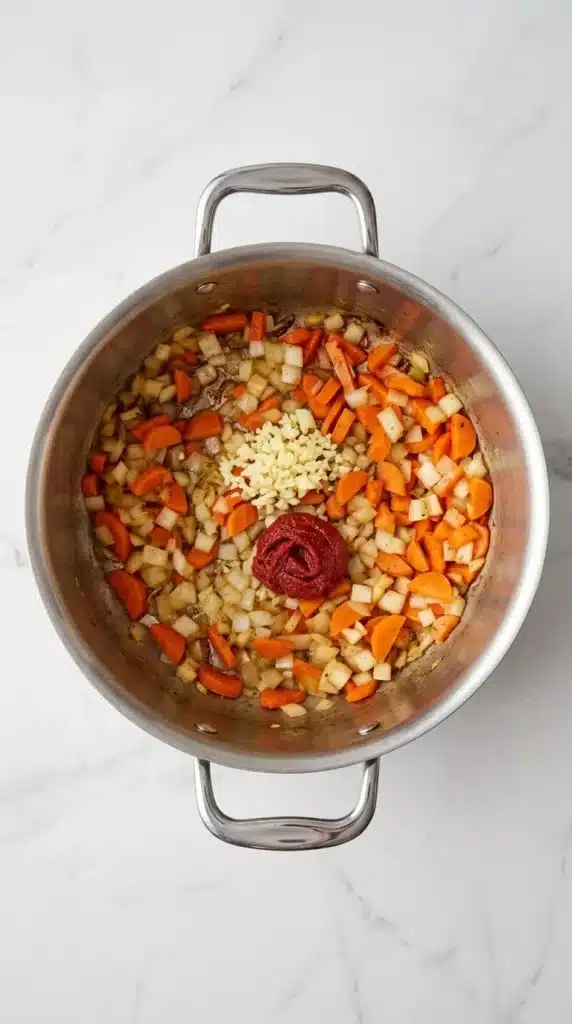 Easy Braised Short Ribs Recipe : Ultimate Comfort Feast 7 Braised Short Ribs carrots, onions, garlic and tomato paste cooking in a Dutch oven