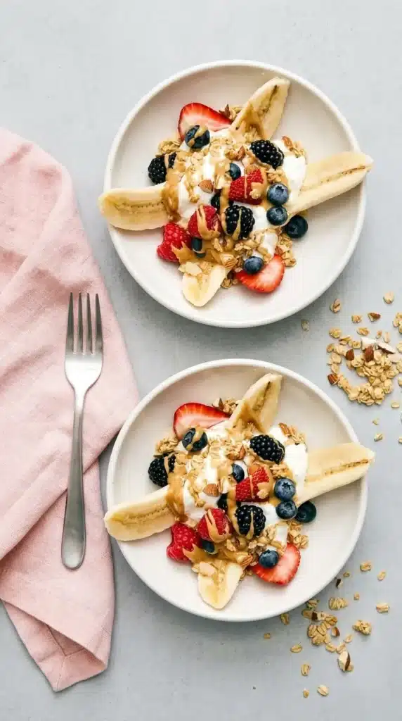 Breakfast Banana Split plates with yogurt, berries, granola, and almond butter