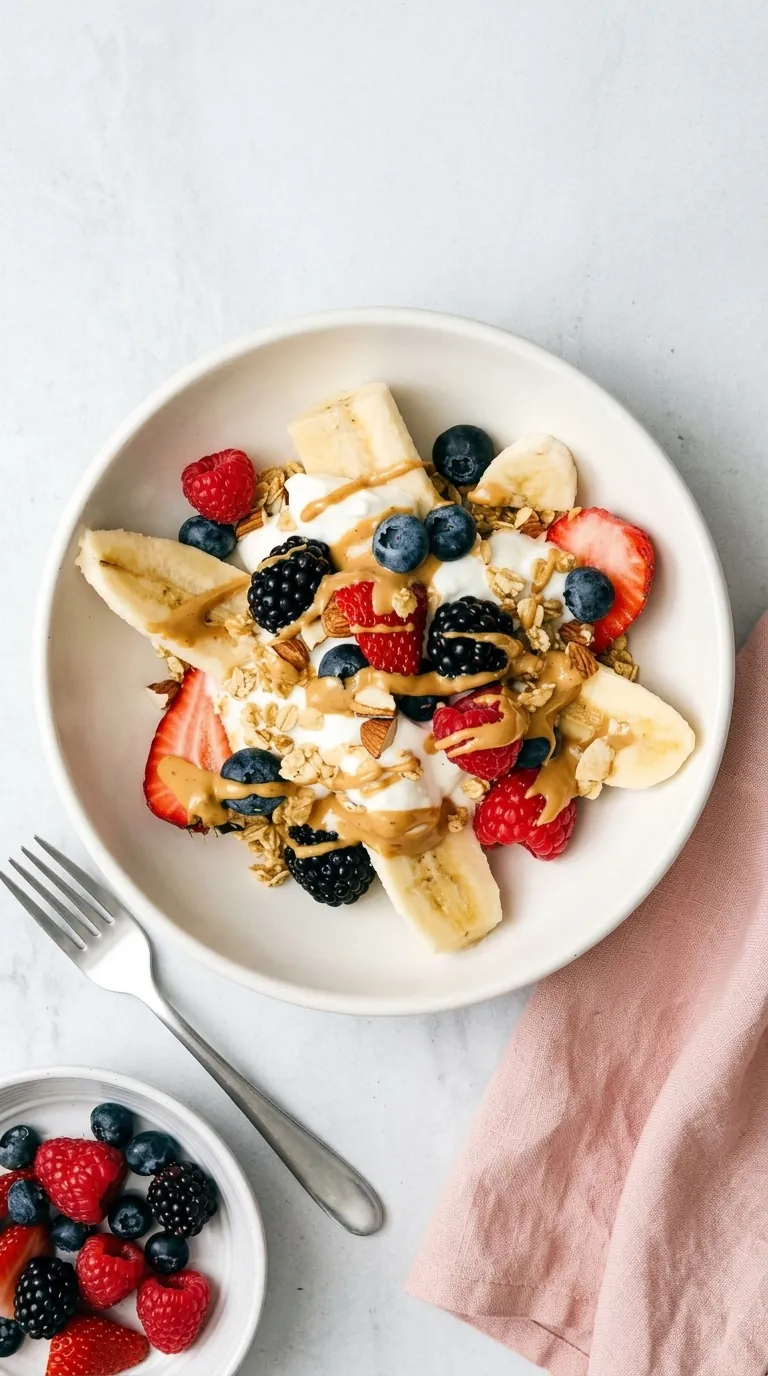 Breakfast banana split with yogurt, berries, granola, and almond butter