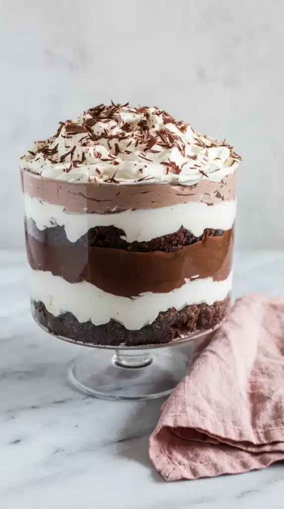 Brownie Trifle with even layers of fudgy brownies, chocolate pudding, and whipped cream