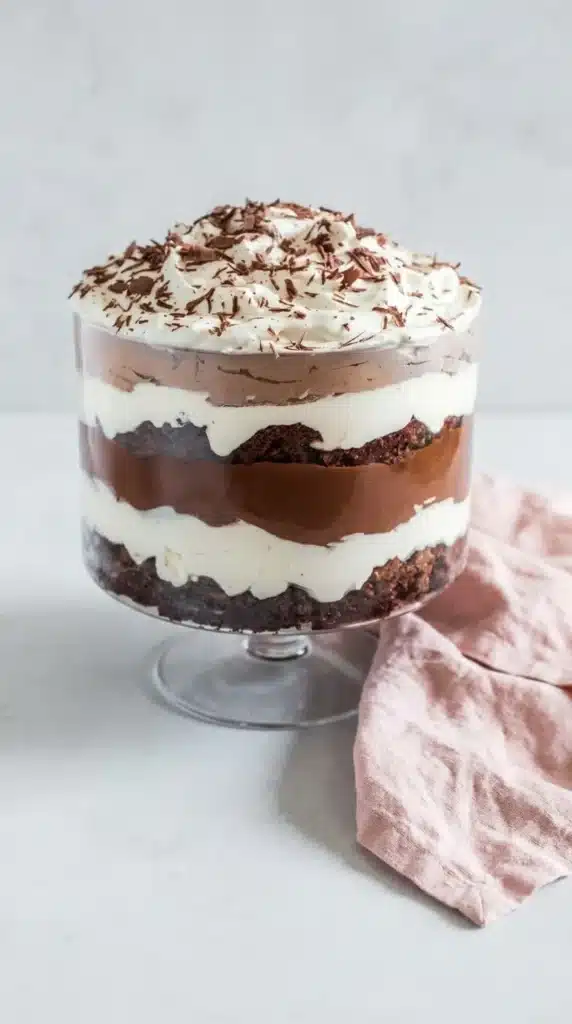 Brownie Trifle layered with fudgy brownies, chocolate pudding, whipped cream, and chocolate shavings