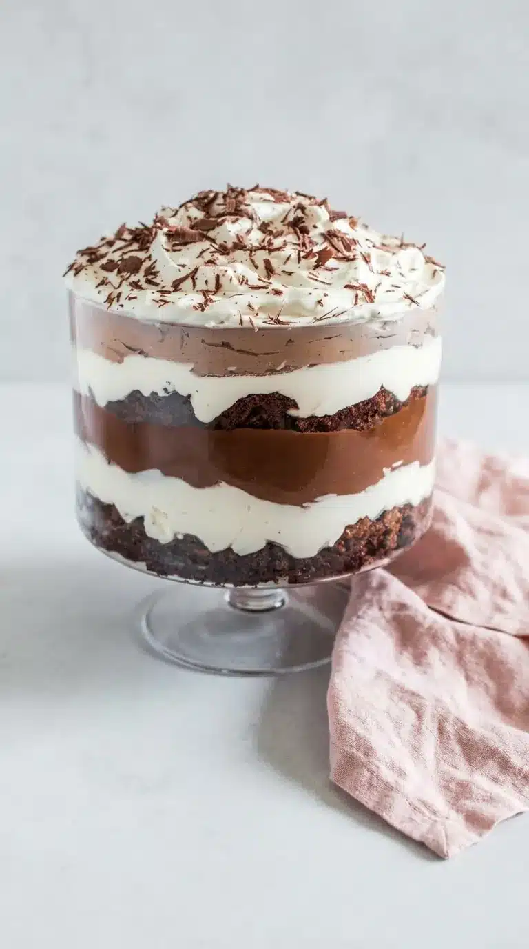 Brownie Trifle layered with fudgy brownies, chocolate pudding, whipped cream, and chocolate shavings
