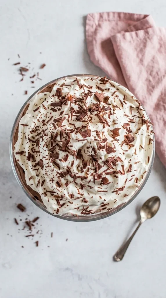 Brownie Trifle topped with fluffy whipped cream and chocolate shavings